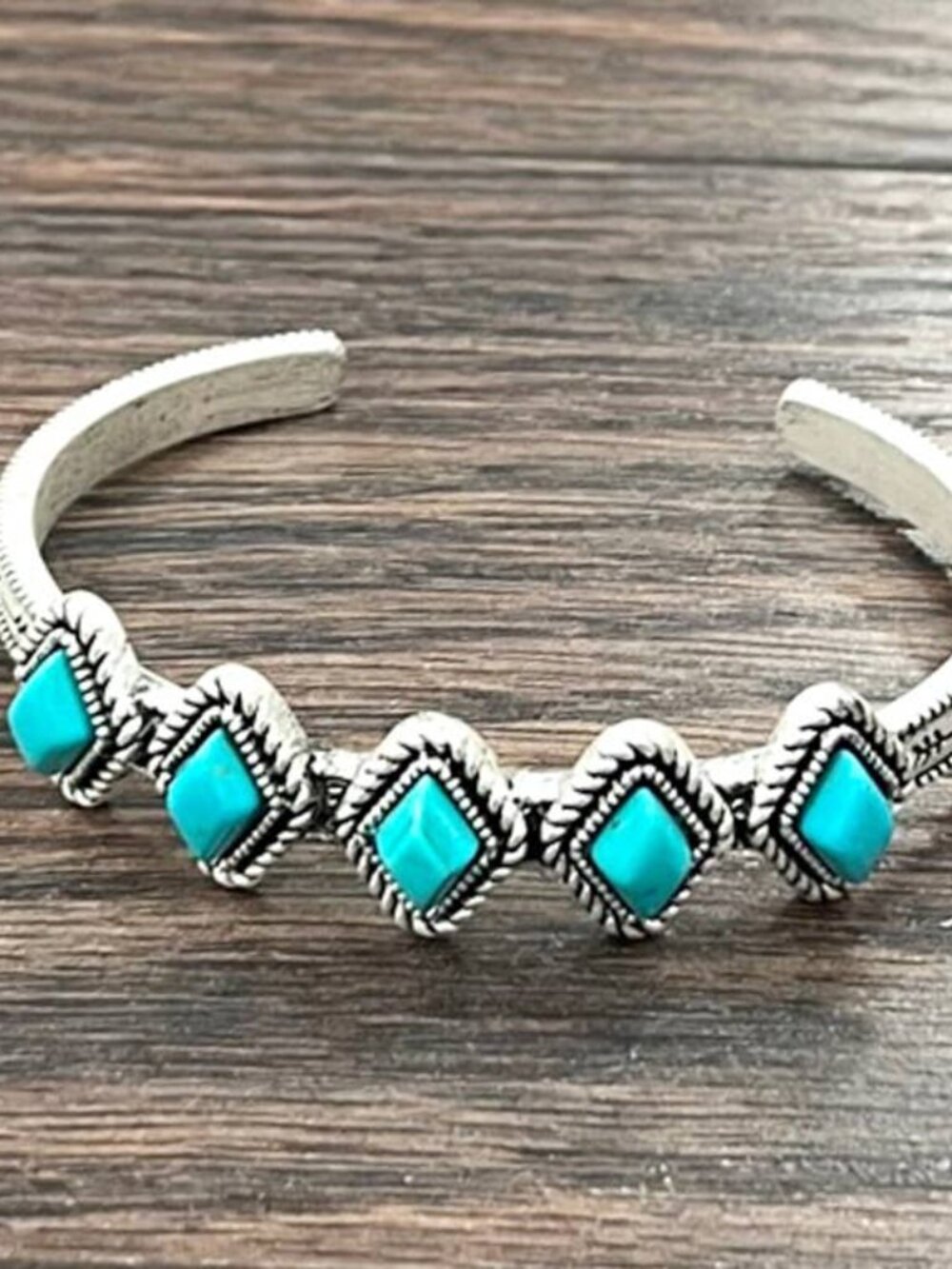Turquoise Diamond Cuff Bracelet Western Boho Silver Tone Adjustable